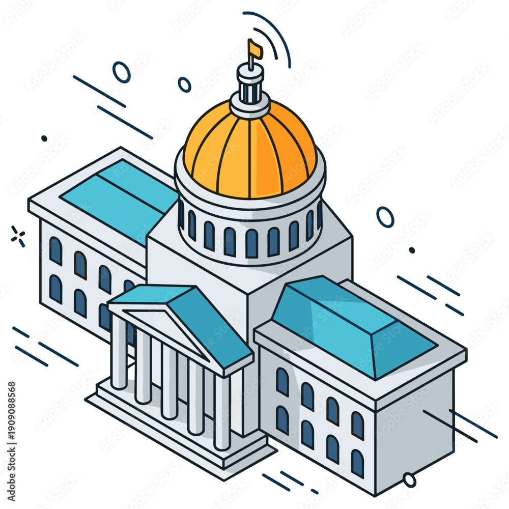 Fototapeta premium Isometric illustration of government building with dome and columns