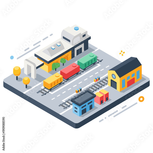 Isometric cartoon train station with colorful buildings in a minimalist landscape