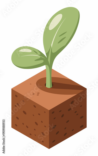 Green seedling growing from fertile soil cube isometric illustration representing new beginnings growth startup business concept for finance agriculture environmental projects and healthy lifestyle ma