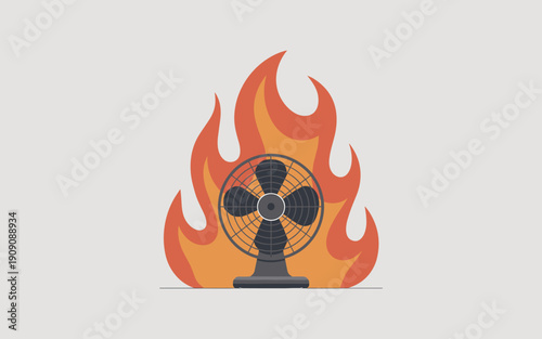 Electric fan engulfed in flames concept of overheating crisis or intense heatwave danger alarming situation emergency warning symbol for climate change issues and extreme weather events communication