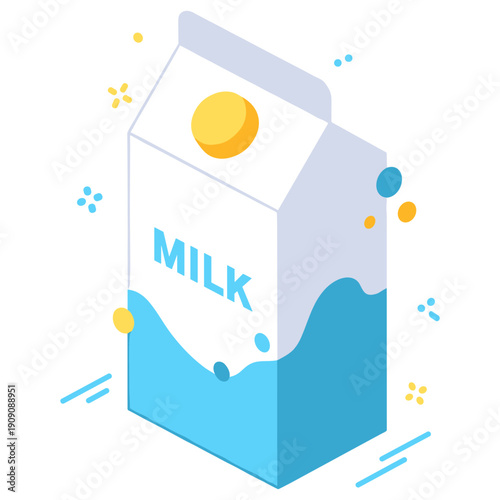 Cartoon milk carton with splash design on white background