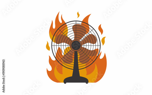 Vintage electric fan on fire with flames engulfing the appliance symbolizing overheating system failure or extreme heatwave emergency concept illustration for climate change and energy crisis
