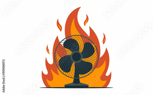 Electric fan on fire with flames illustration conceptualizing extreme heat overheating or appliance malfunction danger warning for summer weather or technical failure hazard concept