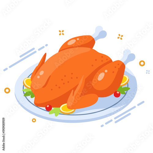 Illustration of a delicious roasted turkey with garnishes on a plate