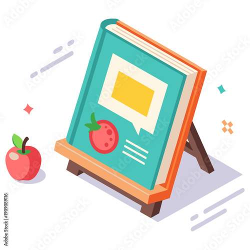 Illustrated book on stand with apple icon in minimalist design