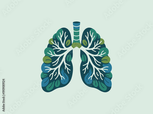 Stylized human lungs composed of green leaves and blue organic shapes symbolizing health nature and environmental wellness for medical science and healthcare industry concepts