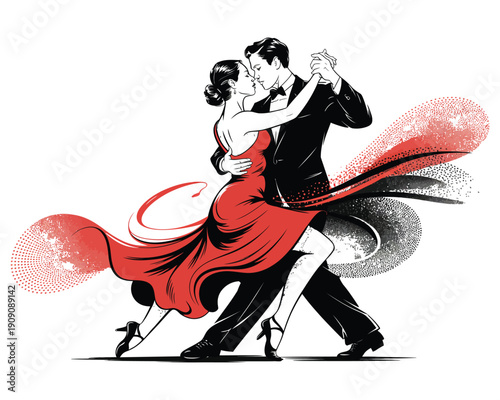 Elegant tango dancers couple dancing together performing passionate latin ballroom dance in stylish evening wear with red dress and black suit