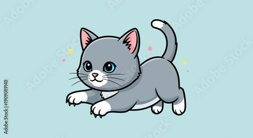 Cute Cartoon Gray Kitten Playing with Sparkles