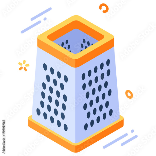 Colorful abstract box grater with orange accents on white background