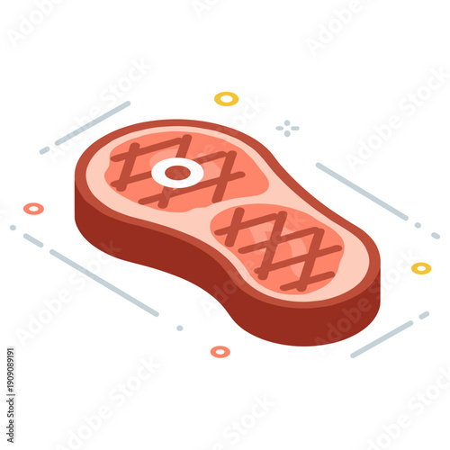 Isometric grilled steak illustration with grill marks and bone detail