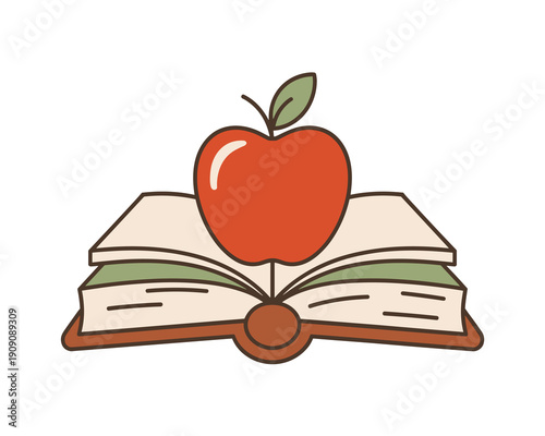 Red apple on open book illustration representing education knowledge learning wisdom and teaching concept for back to school or academic subjects in a simple flat design style for graphic resources