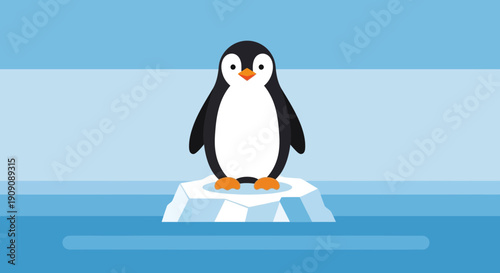Cute cartoon penguin on ice floe, digital illustration
