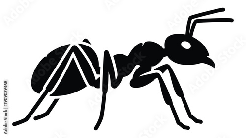 A detailed black and white illustration of an ant with prominent features and segmented body. isolated on white background, Vector