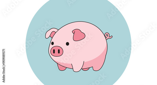 Cute cartoon pink piglet inside a light blue circle, vector illustration