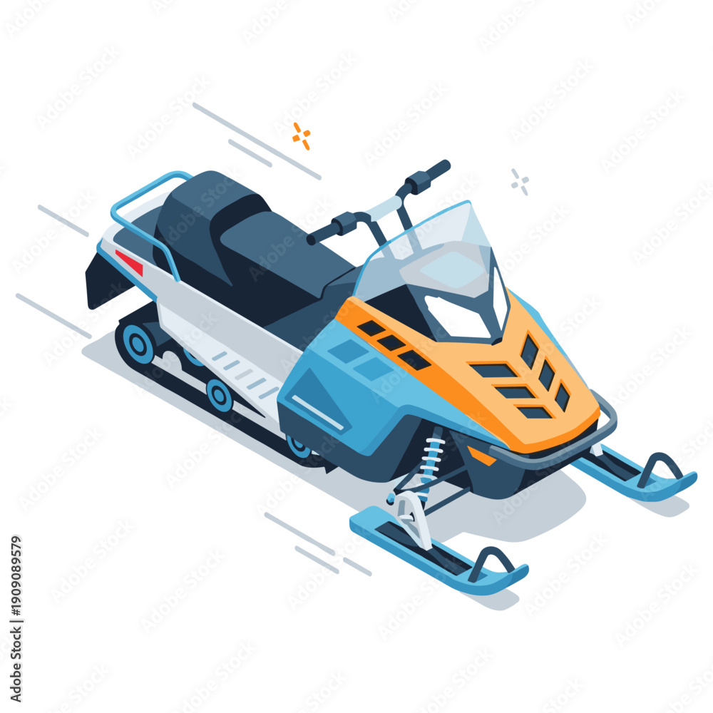 Naklejka premium Modern snowmobile design with blue and orange accents on white background. No editable stroke