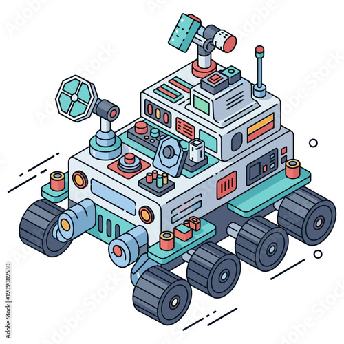 Colorful isometric mars rover illustration with sci-fi design elements. No editable stroke