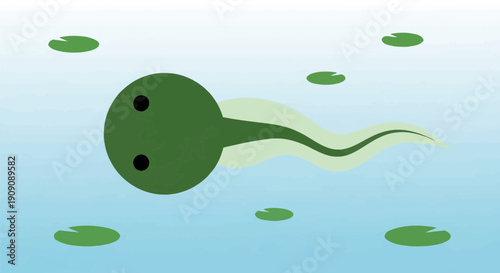 Cute Green Tadpole Swimming in Water with Lily Pads