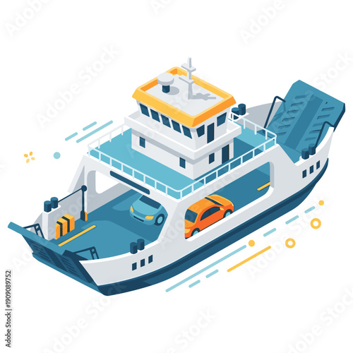 Isometric illustration of a ferry with cars on deck. No editable stroke