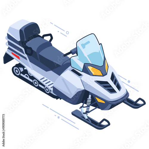 Isometric snowmobile illustration with modern design on white background. No editable stroke