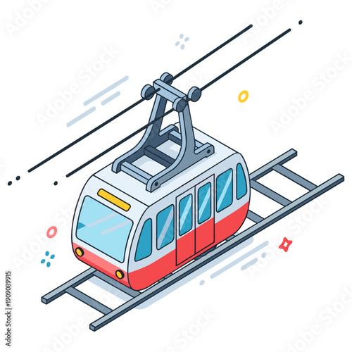 Isometric urban cable car on tracks with colorful design elements. No editable stroke