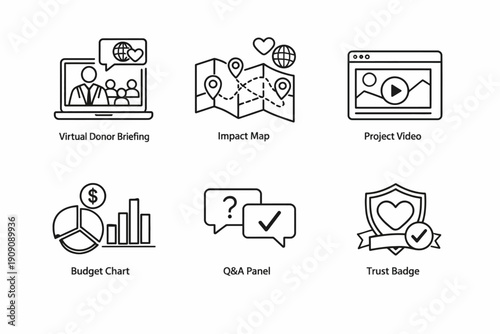 Set of icons: virtual briefing, impact map, project video, budget chart, q&a panel, trust badge