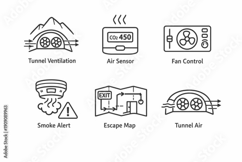 Wallpaper Mural Tunnel ventilation and safety icons: air quality, smoke alert, and escape map Torontodigital.ca