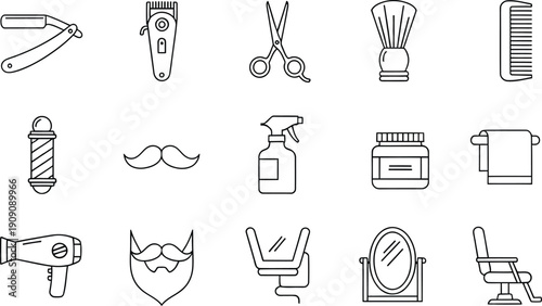 A collection of barbershop and salon line art icons representing essential grooming tools and equipment