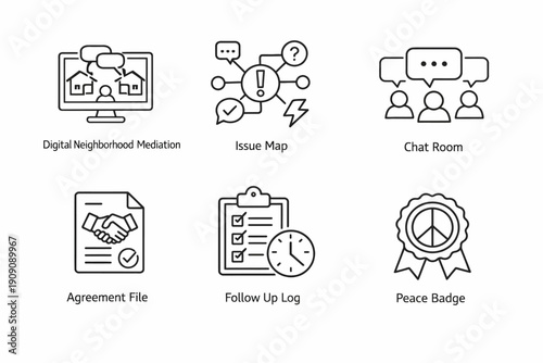Icons for mediation, issue mapping, chat, agreement, tracking, and peace recognition