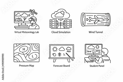 Weather science icons: virtual lab, cloud simulation, wind tunnel, pressure map
