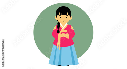 Cute Korean Girl in Traditional Hanbok, Asian Culture Illustration