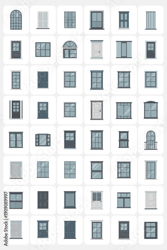 collection of modern window and door designs flat vector illustration architectural elements for home renovation and construction business concepts with various styles and frame types for interior ext