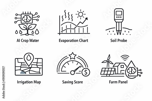 Smart agriculture icons: ai crop water, evaporation, soil probes, irrigation, savings, renewable farm