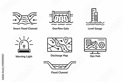 Smart flood management: channel, overflow gate, level gauge, warning system, discharge map, ops hub
