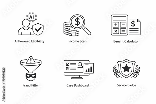 Financial tools and security icons for ai eligibility, fraud prevention, and benefit calculations