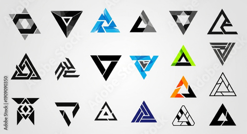 Collection of abstract geometric triangle logos and symbols.