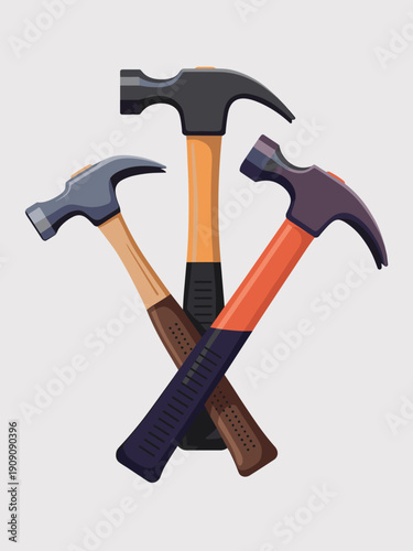 Collection of three distinct claw hammers arranged creatively forming a symbol for construction industry labor manual work craftsmanship DIY projects and renovation tools for building maintenance repa