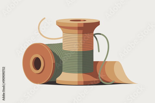 Three large spools of thread with green and tan thread wound around them in a still life composition with abstract elements and a minimalist aesthetic for crafting sewing textile and fashion industrie