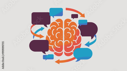 Brain with surrounding chat bubbles and arrows representing communication dialogue and idea exchange for business strategy concept or creative thinking process illustration for presentations and marke