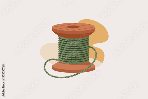 Vintage wooden thread spool wound with green twine string crafting sewing textile material for DIY projects handmade crafts and hobby supplies illustration with abstract background element
