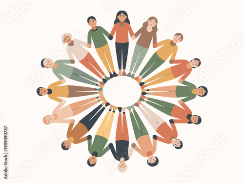 Diverse group of people holding hands in circle diverse community connection unity friendship collaboration teamwork concept illustration for global support social issues and human relations projects