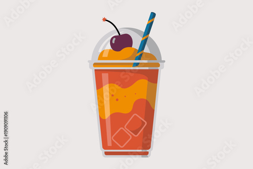 Refreshing layered iced beverage in clear plastic cup with dome lid cherry topper and striped straw vibrant orange and red liquid with ice cubes perfect for summer promotions cafe menus and refreshmen