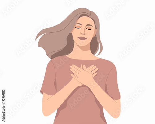 Serene woman with eyes closed holding hands over heart feeling peace gratitude and calm mindful meditation practice self care concept illustration for wellness mental health and emotional well being t