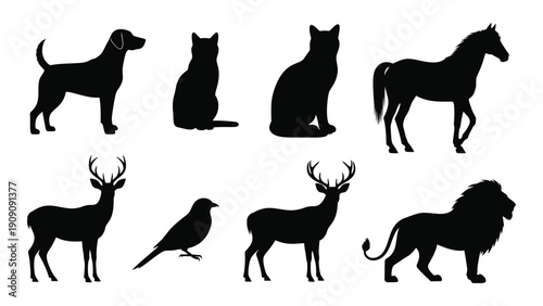 Silhouettes of various animals including dogs, cats, and deer isolated on white background, Vector