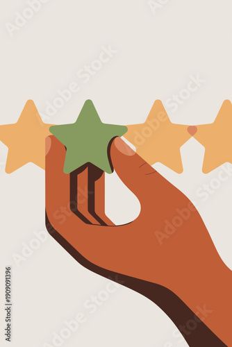 Hand placing green star for excellent rating and positive customer feedback review concept for service satisfaction and quality evaluation in business and marketing modern illustration