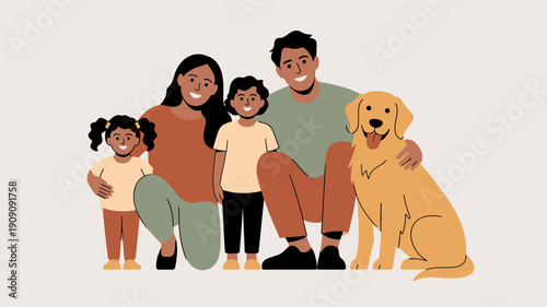 Diverse family group portrait with parents children and golden retriever dog smiling happily together representing unity love and togetherness modern flat illustration for lifestyle concepts healthcar