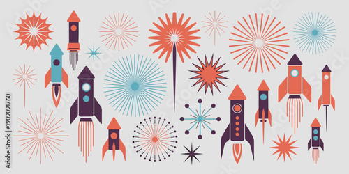 Retro mid century modern rocket ship illustrations and starbursts in vintage orange teal and purple color palette abstract space exploration concept graphic design for kids and adults science fiction