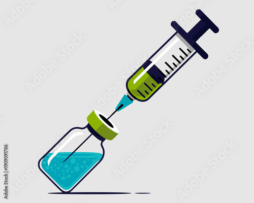 Medical syringe drawing blue liquid from vial in preparation for injection vaccination science healthcare concept for medical presentations and pharmaceutical advertising modern flat illustration