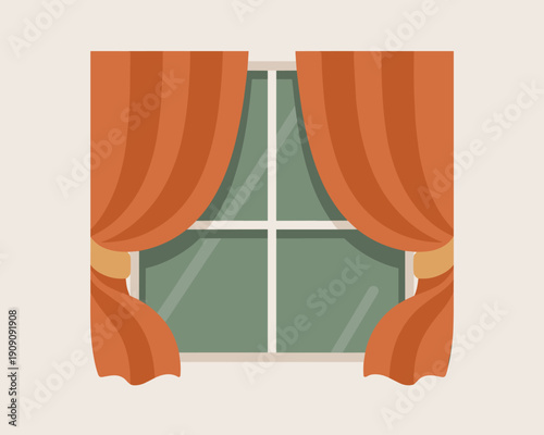 Elegant terracotta draped curtains framing a modern window with muted green glass pane background minimalist interior design concept for home decor websites or architectural presentations cozy residen