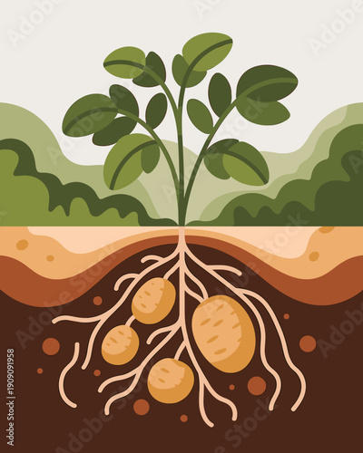 Healthy potato plant with developing tubers underground showing root system growth and soil layers for agriculture food production and organic farming concepts illustration