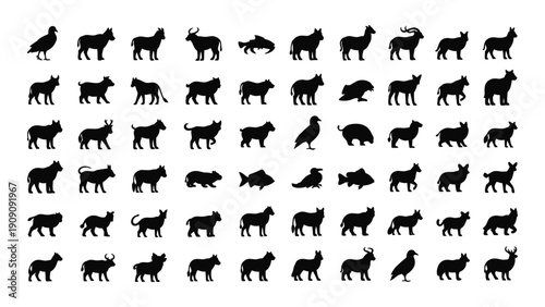 Abstract black silhouettes of animals in various poses and orientations isolated on white background, Vector